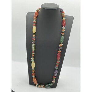 Vintage Multicolor Agate Stone Beggar Bead Necklace Boho Eclectic Gemstone